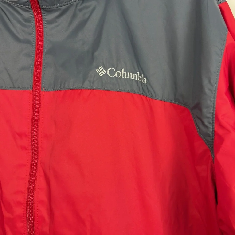 Columbia Windbreaker Jacket Size Men's XL Red Gray Hood Packable Full Zip Up